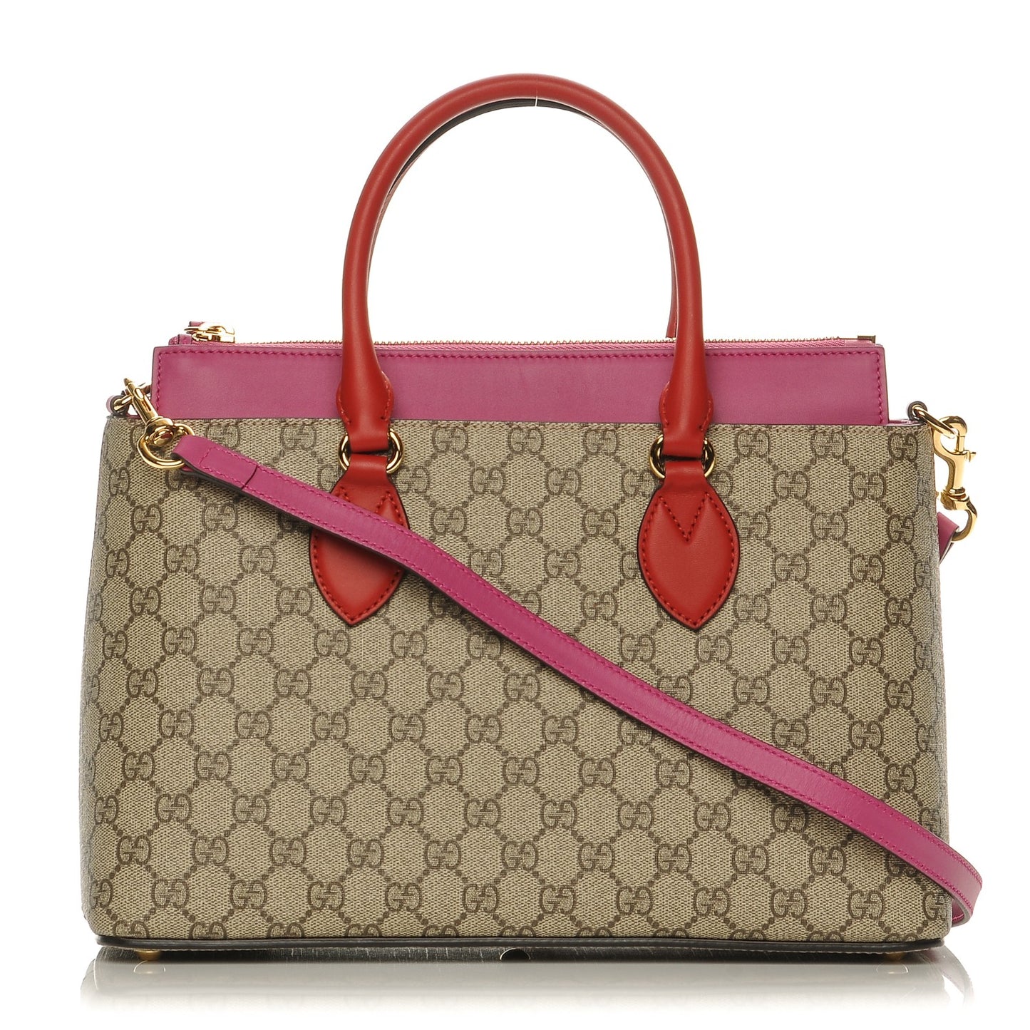 GG Supreme Monogram Moon Calfskin Small Zip Top Tote Beige Ebony Hibiscus Red New Rosette