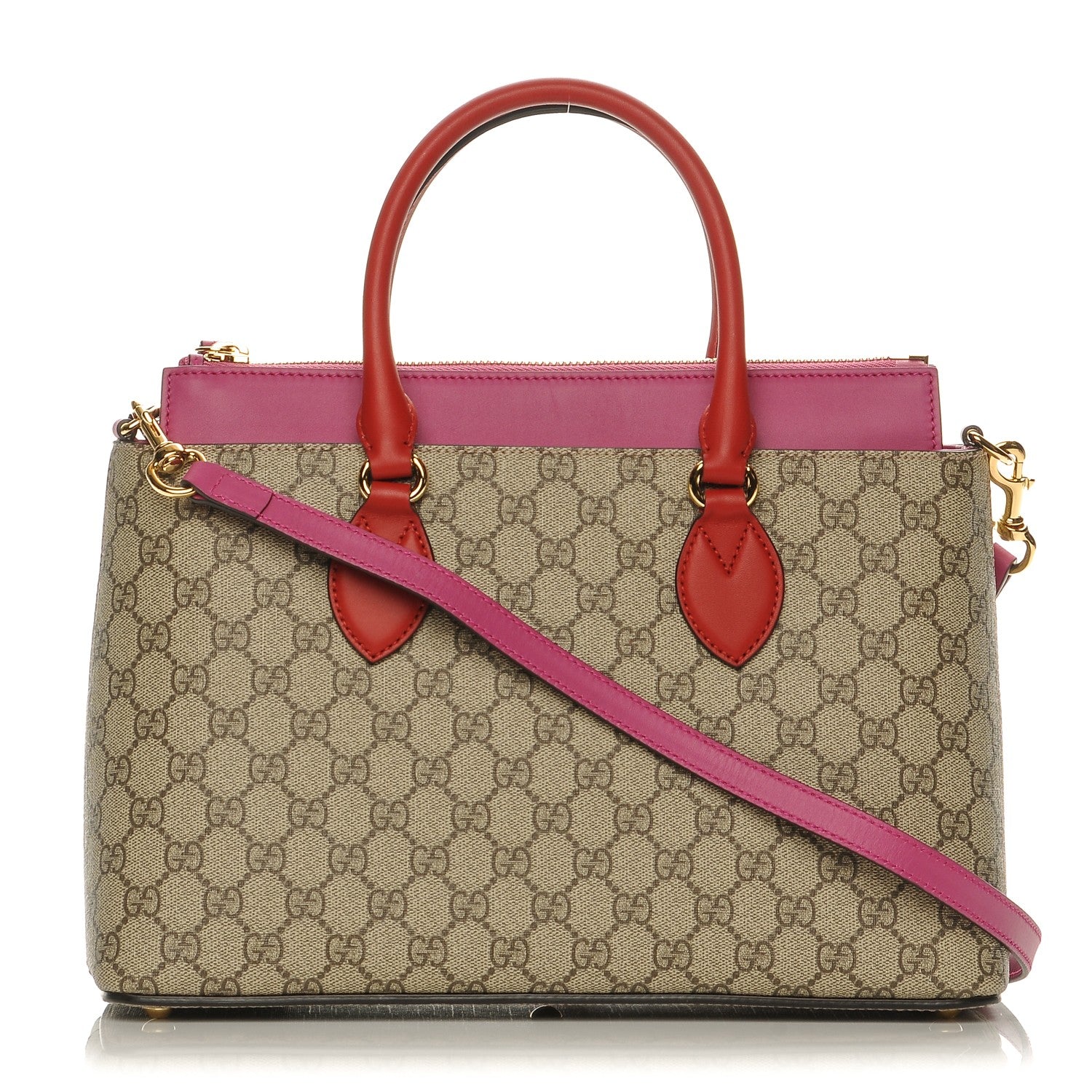 Gucci GG Supreme Monogram Moon Calfskin Small Zip Top Tote Beige Ebony Hibiscus Red New Rosette 1 of 7