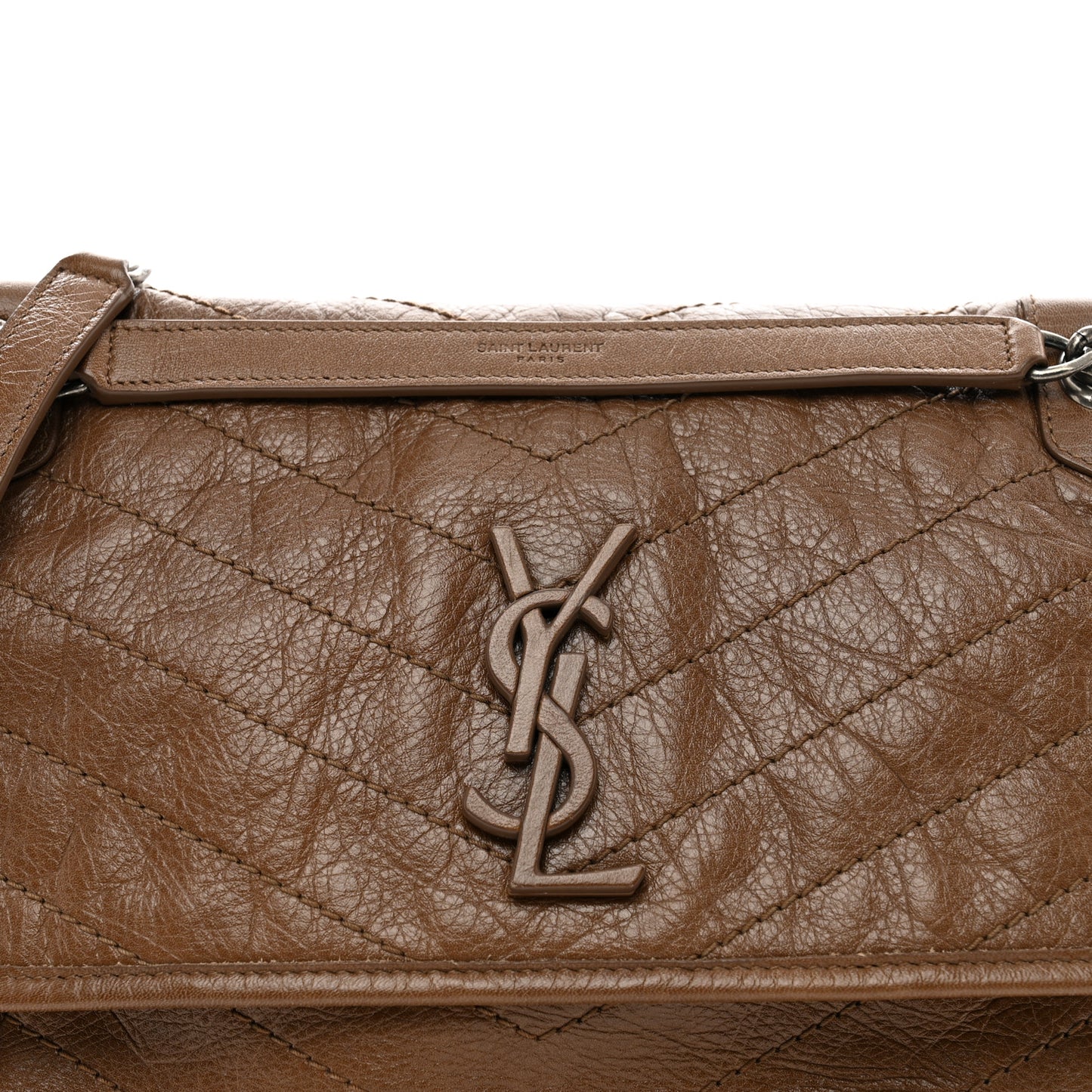 Crinkled Calfskin Matelasse Monogram Medium Niki Chain Satchel Tan Brown