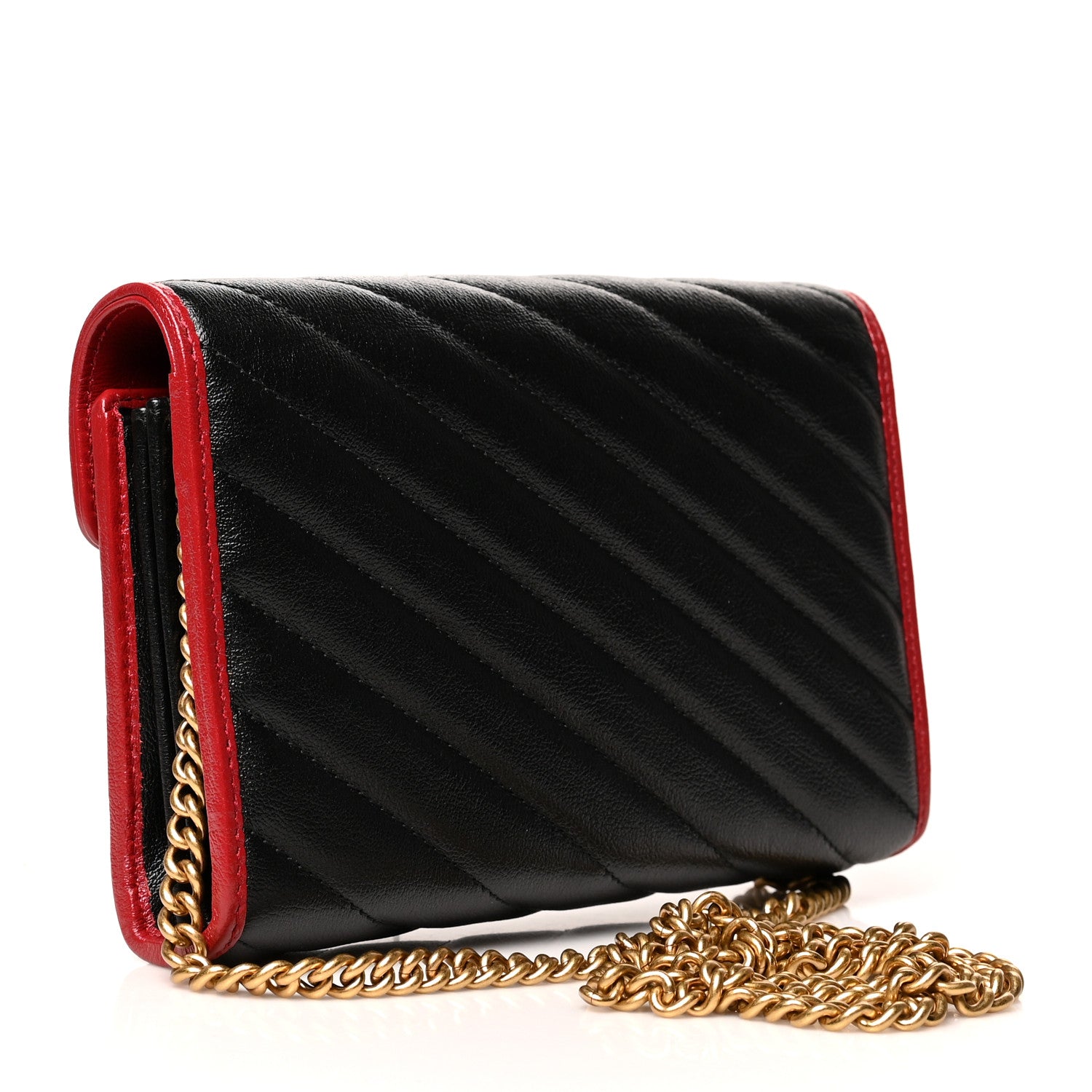 Gucci Vintage Effect Calfskin Matelasse Diagonal Torchon GG Marmont Chain Wallet Black Romantic Cherry 3 of 11
