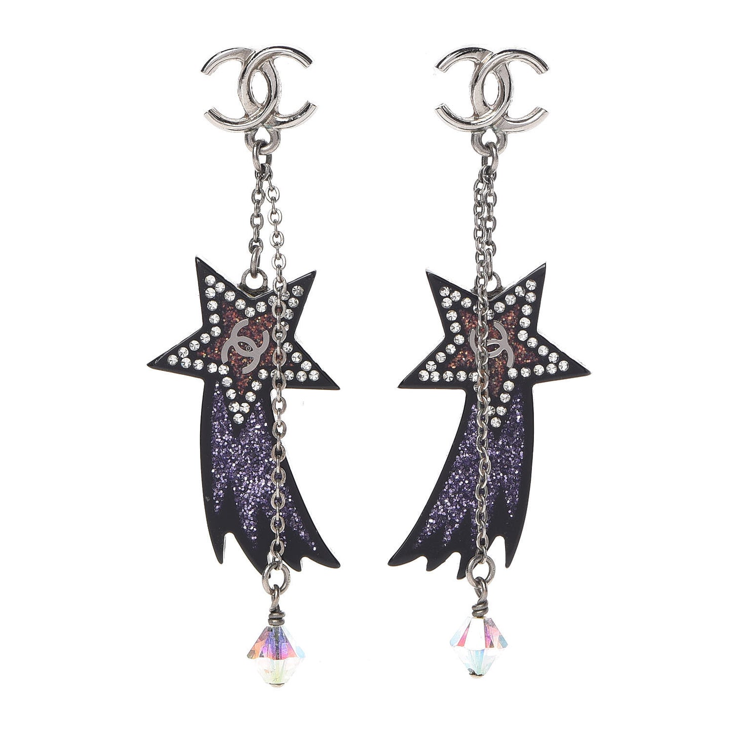 Resin Crystal CC Shooting Star Dangle Earrings Silver Purple