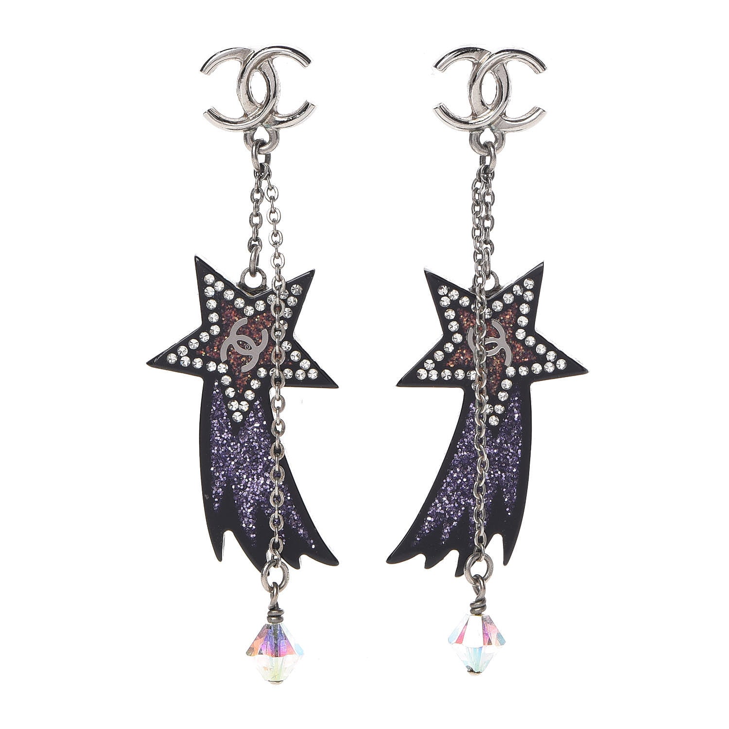 Chanel Resin Crystal CC Shooting Star Dangle Earrings Silver Purple 1 of 5