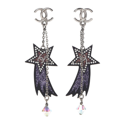 Chanel Resin Crystal CC Shooting Star Dangle Earrings Silver Purple 1 of 5