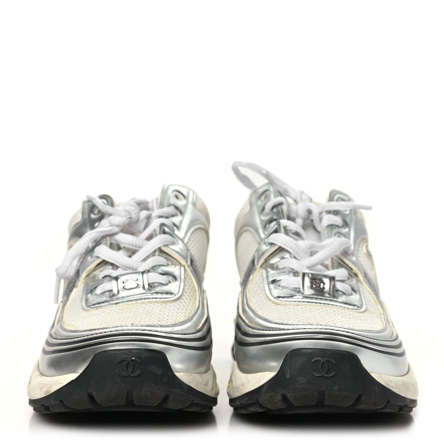 Fabric Laminated Calfskin Stretch CC Womens Sneakers 39 White Silver