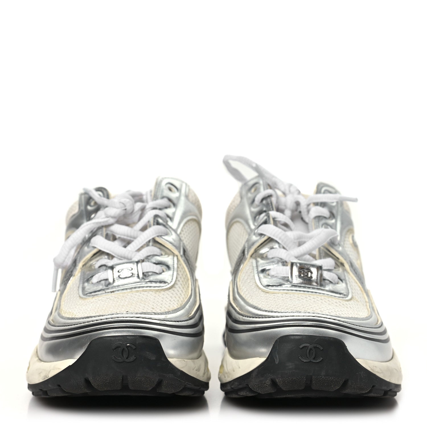 Chanel Fabric Laminated Calfskin Stretch CC Womens Sneakers 39 White Silver 3 of 10