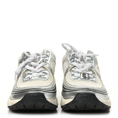 Chanel Fabric Laminated Calfskin Stretch CC Womens Sneakers 39 White Silver 3 of 10