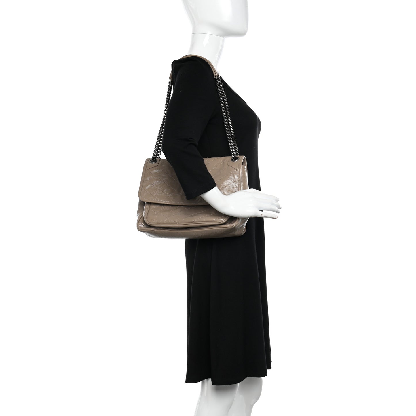 Crinkled Calfskin Matelasse Monogram Medium Niki Chain Satchel Gold Sand