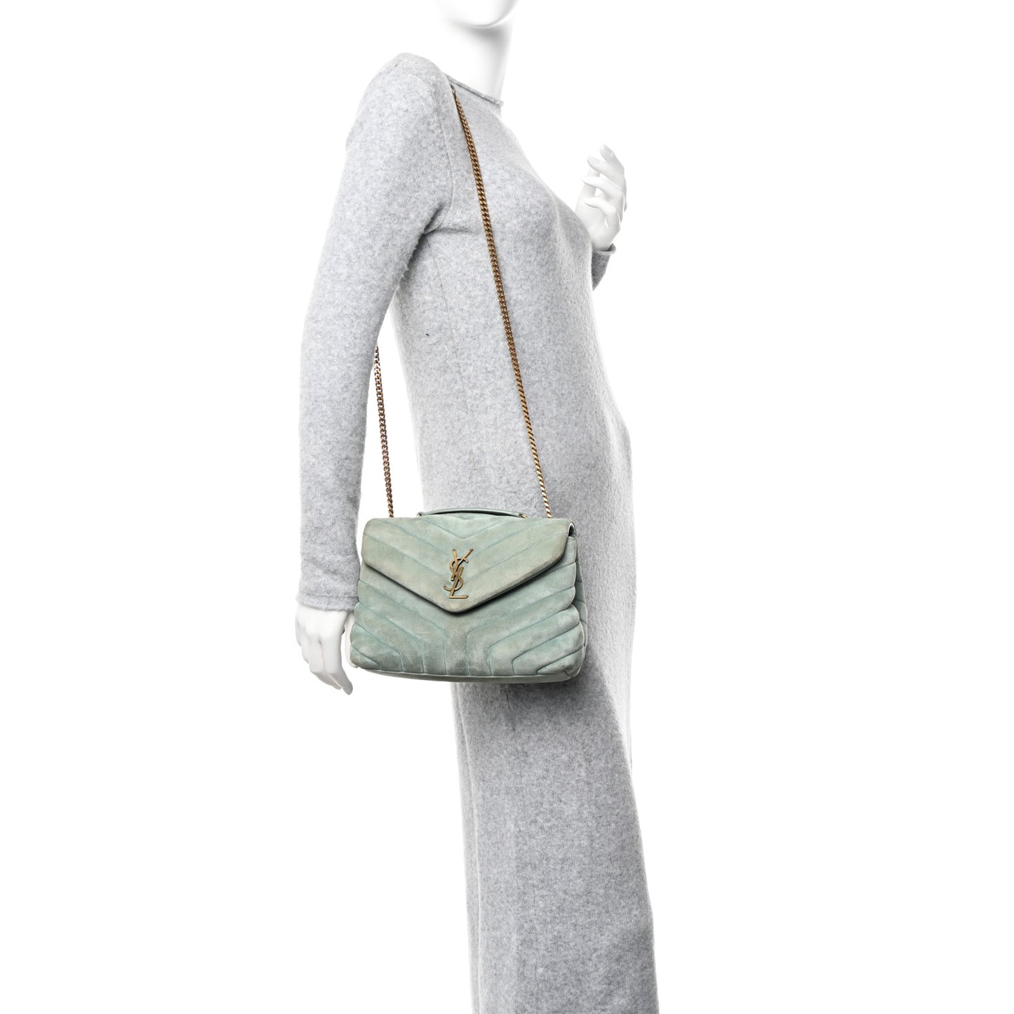 Suede Calfskin Y Quilted Monogram Small Loulou Chain Satchel Vert Opaline
