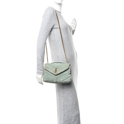 Saint Laurent Suede Calfskin Y Quilted Monogram Small Loulou Chain Satchel Vert Opaline 2 of 10