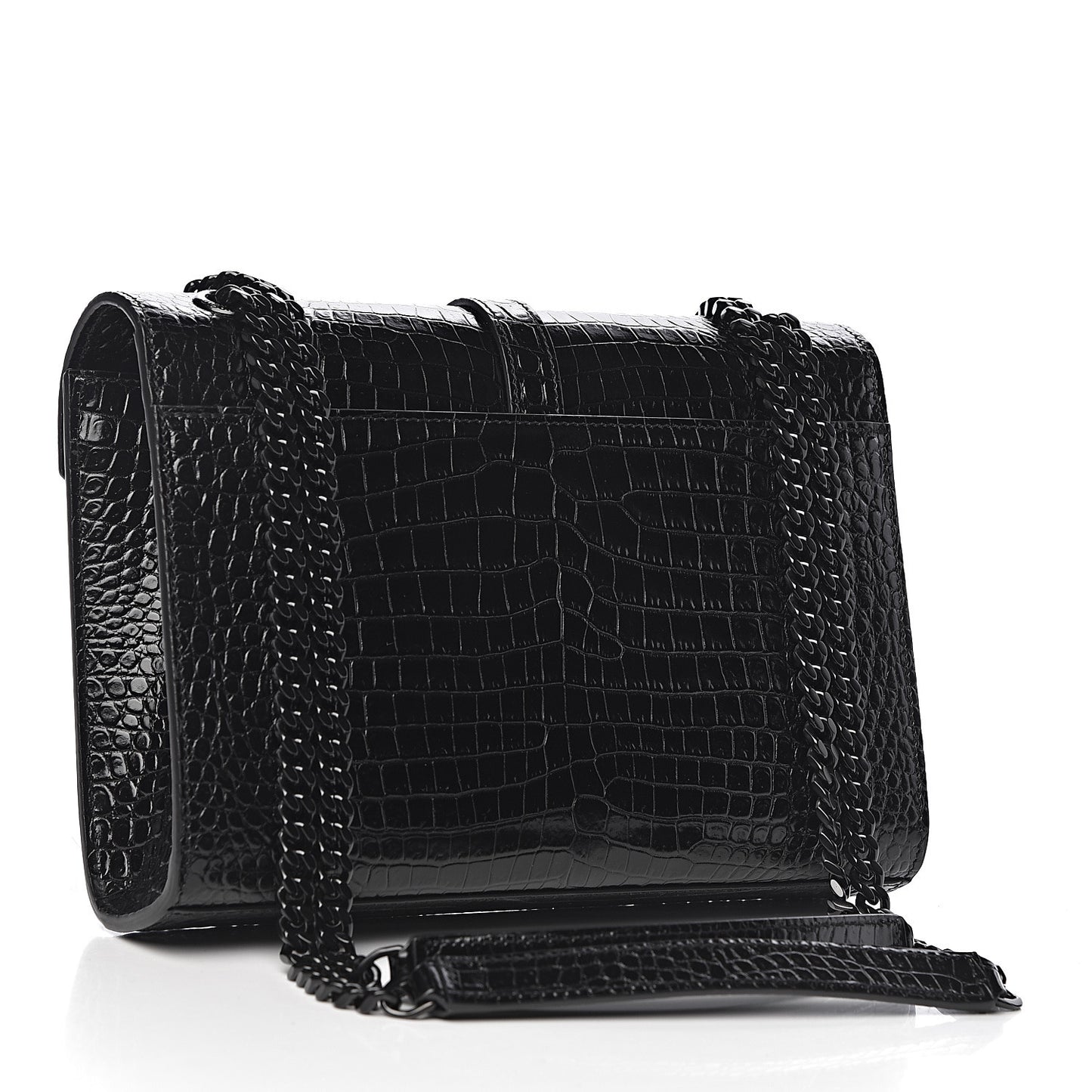 Calfskin Crocodile Embossed Medium Monogram Envelope Chain Shoulder Bag Black