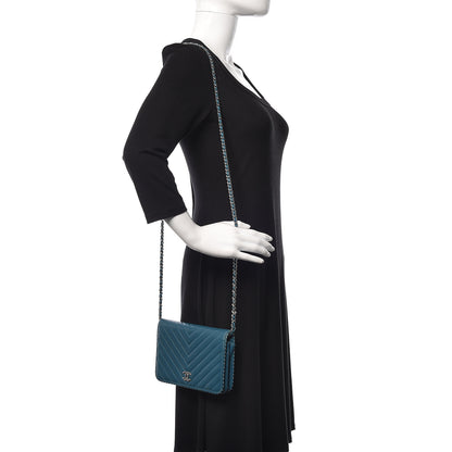 Chanel Lambskin Chevron Quilted Studded Wallet On Chain WOC Blue 2 of 17