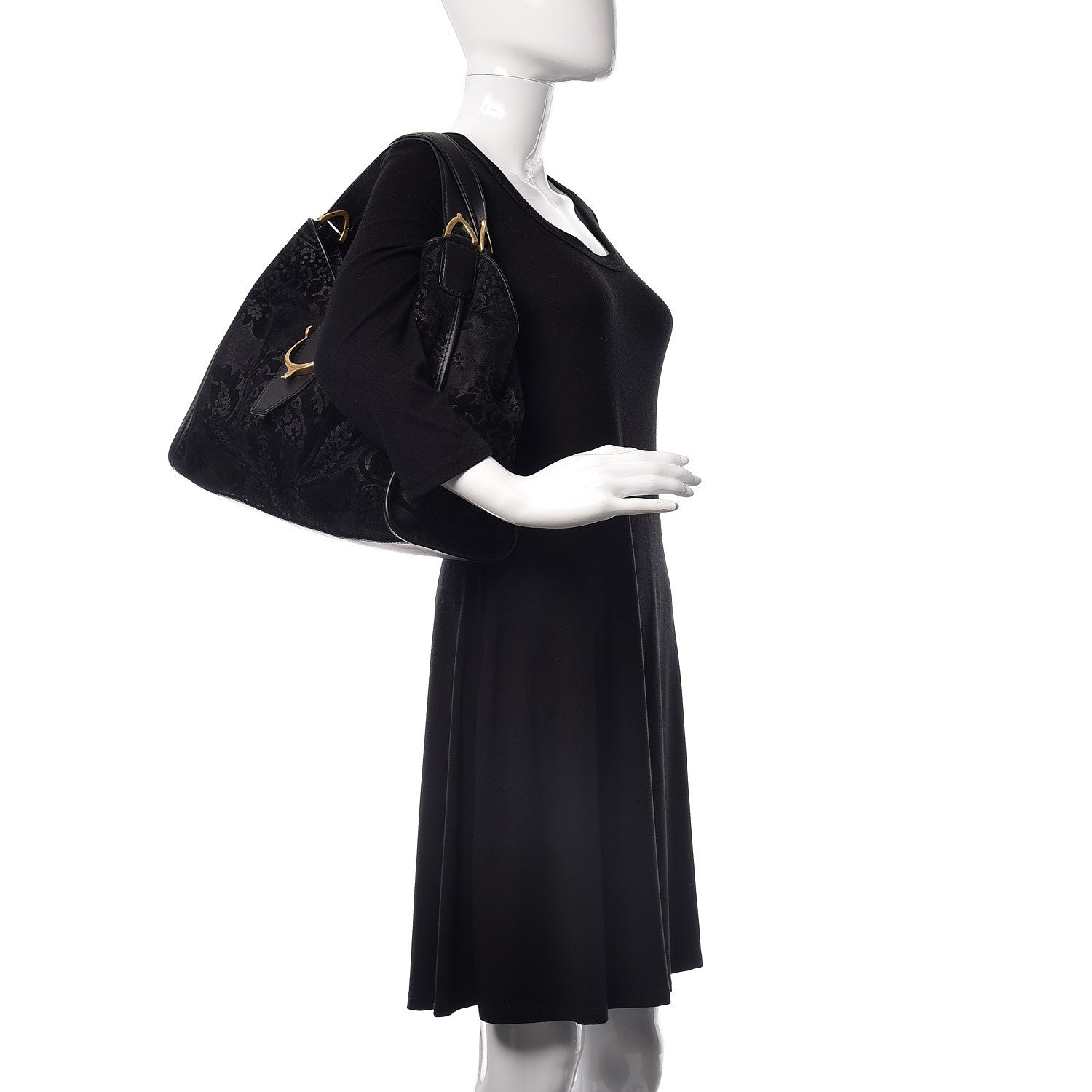 Gucci Nubuck Brocade Medium Soft Stirrup Shoulder Bag Black 2 of 15