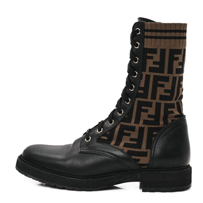 Fendi Calfskin Stretch Fabric FF Rockoko Biker Boots 37.5 Black Tobacco 1 of 7