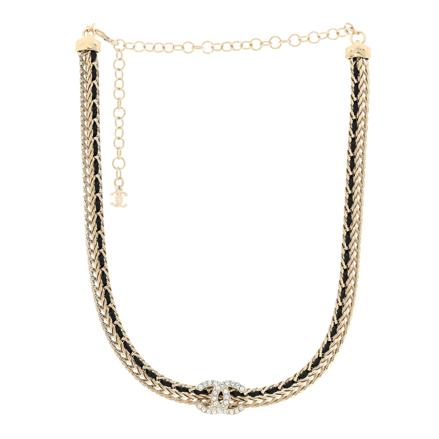 Metal Lambskin Crystal Chain CC Necklace Black Gold