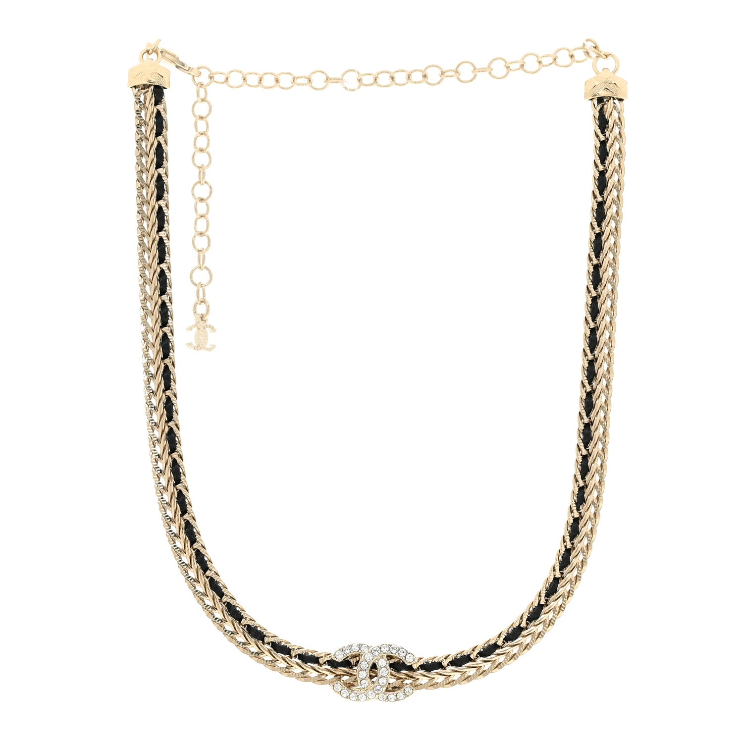 Chanel Metal Lambskin Crystal Chain CC Necklace Black Gold 3 of 5