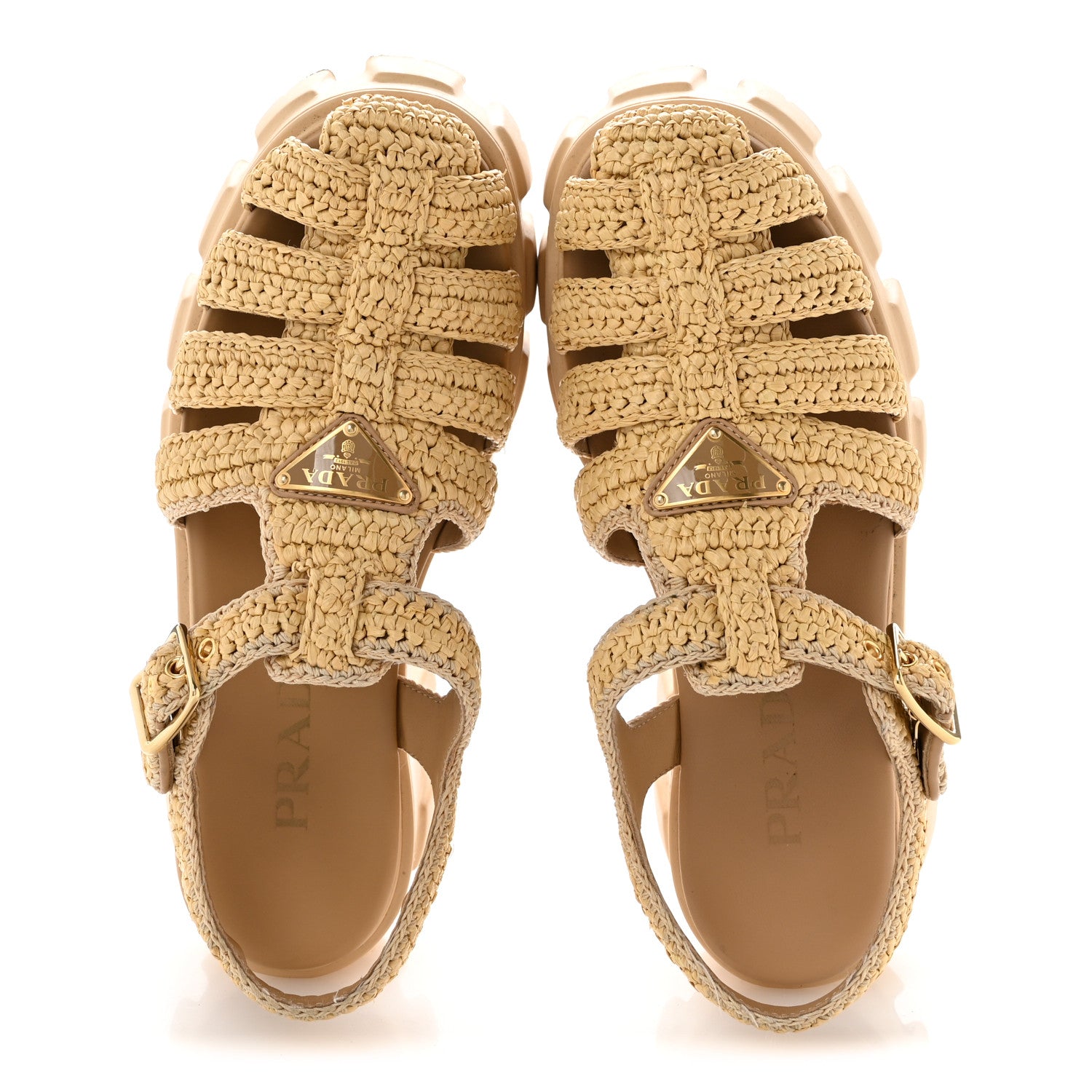 Prada Yarn Raffia Effect Metal Triangle Logo Crochet Monolith 55mm Cage Sandals 38 Naturale 2 of 9