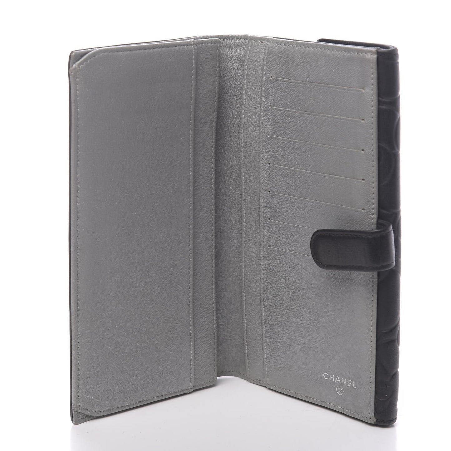Lambskin Embossed Camellia Large Gusset Flap Wallet Black
