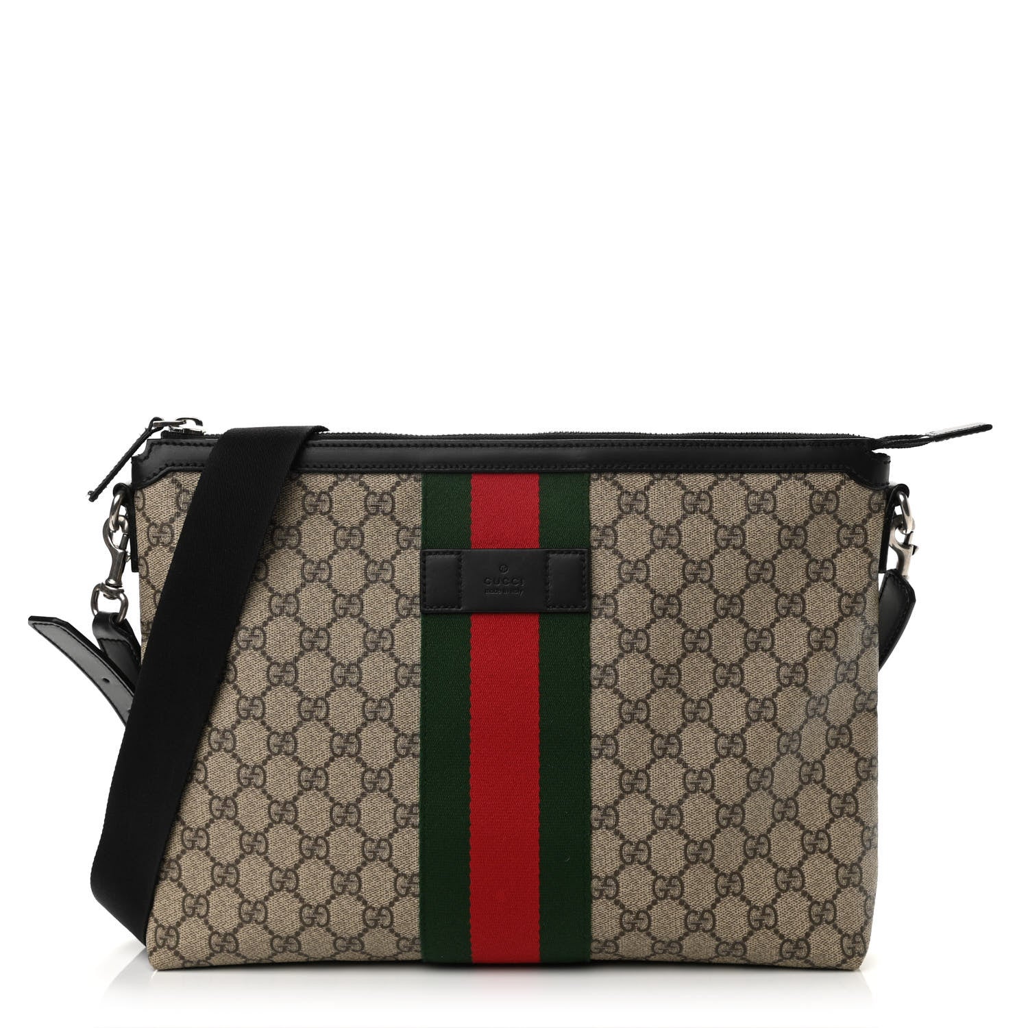 Gucci GG Supreme Monogram Calfskin Web Medium Flat Messenger Bag Beige Ebony Black 1 of 11