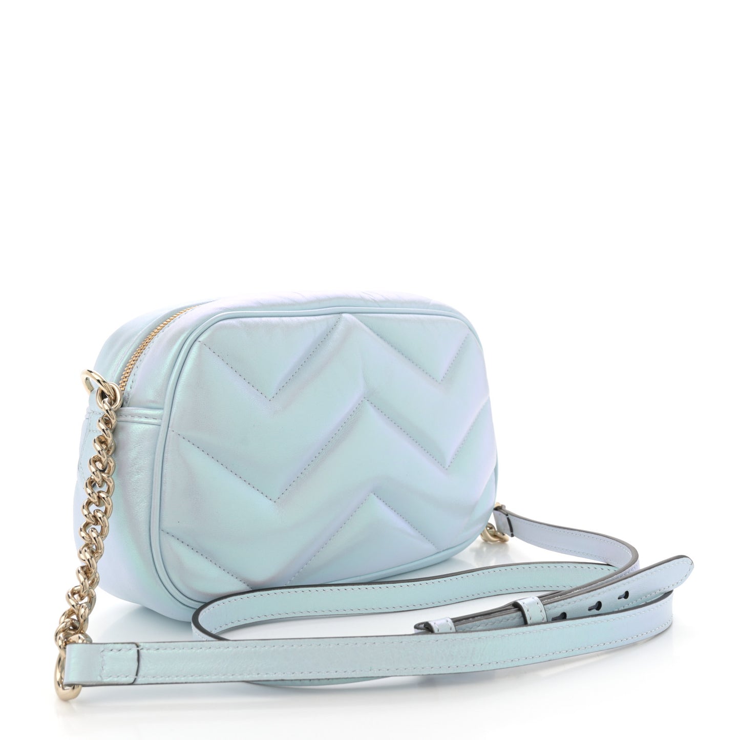 Iridescent Nappa Chevron Matelasse Small GG Marmont Chain Shoulder Bag Iridescent Snow Light Blue
