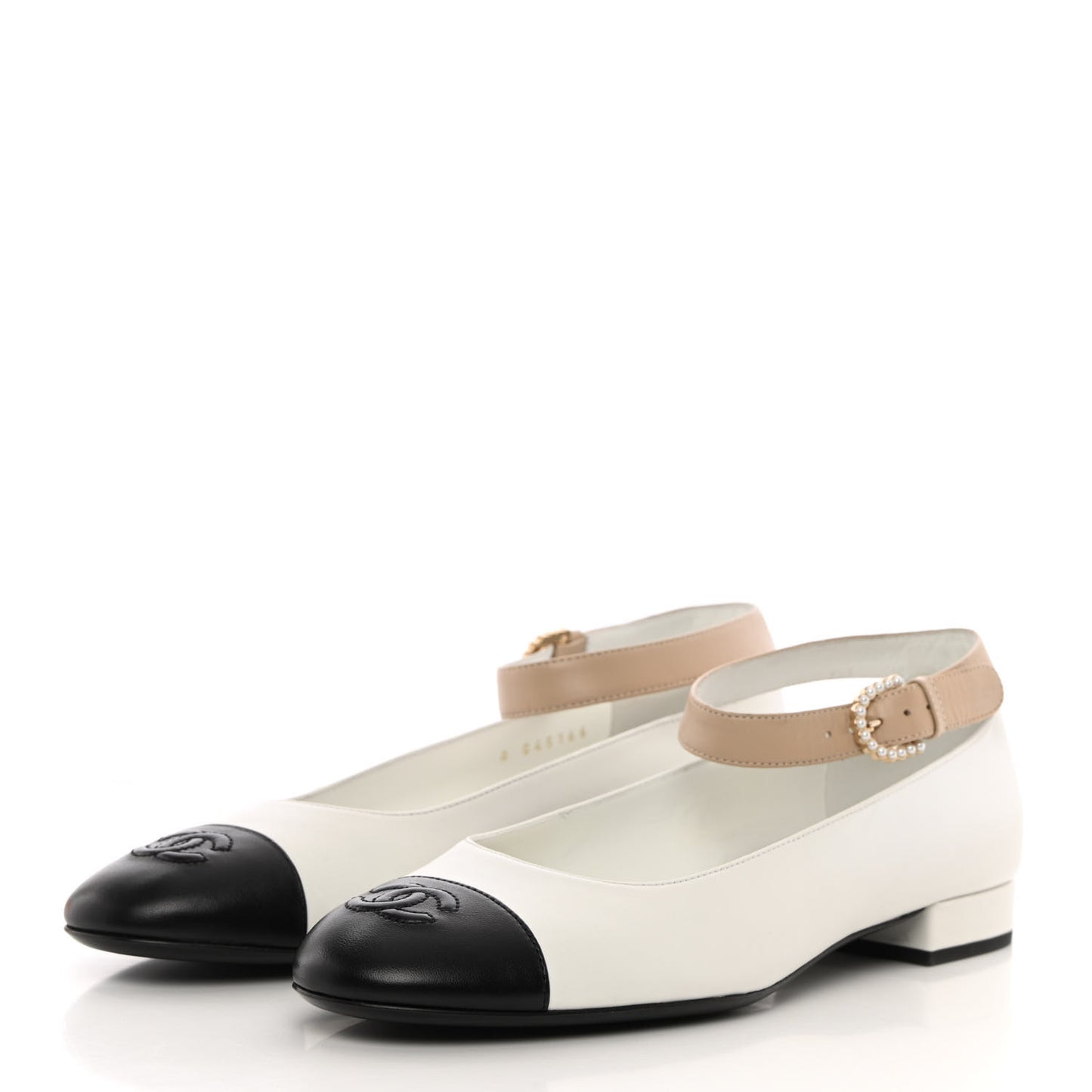 Lambskin Pearl Cap Toe CC Ankle Strap Flats 38 White Black Beige