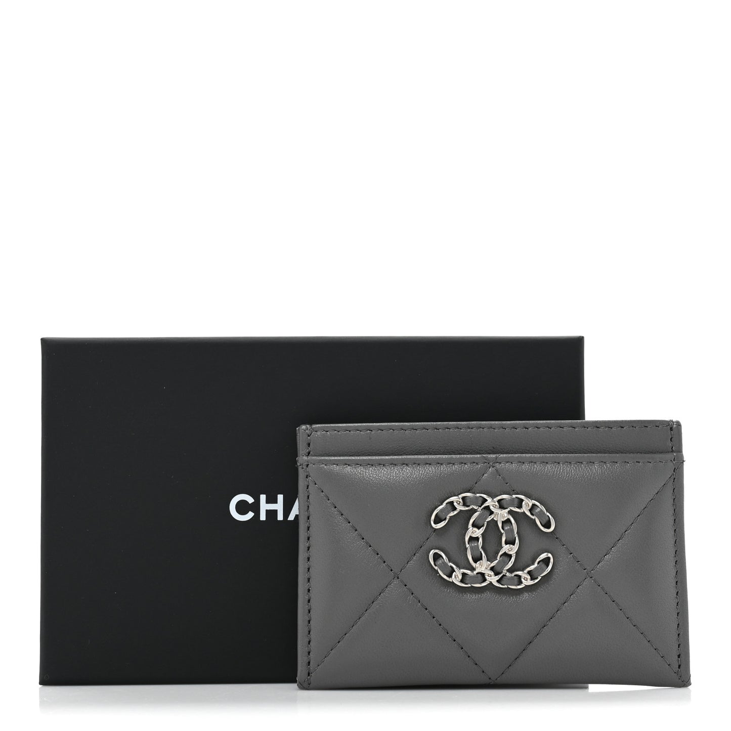 Lambskin Quilted Chanel 19 Card Holder Grey