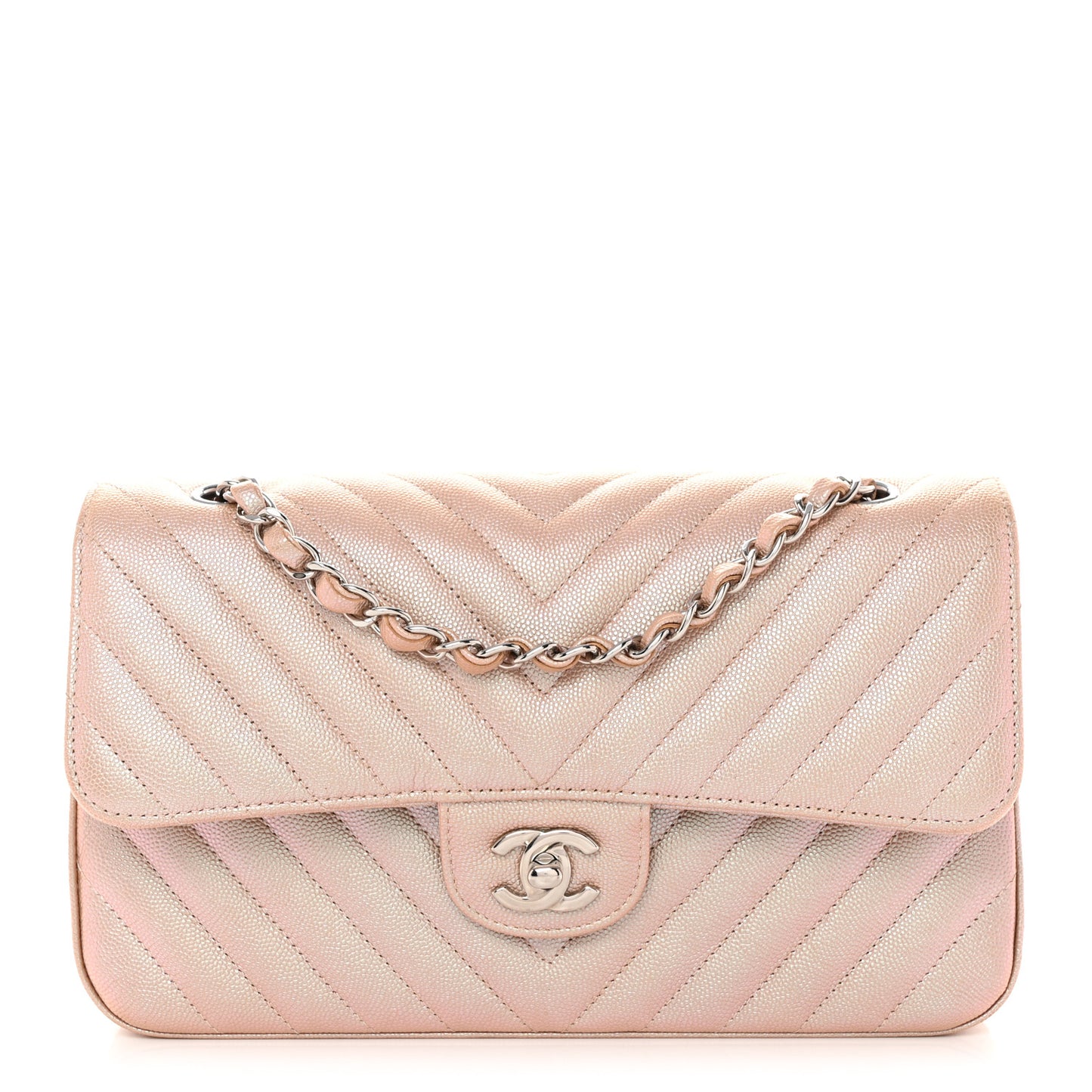 Metallic Caviar Chevron Quilted Medium Double Flap Light Gold