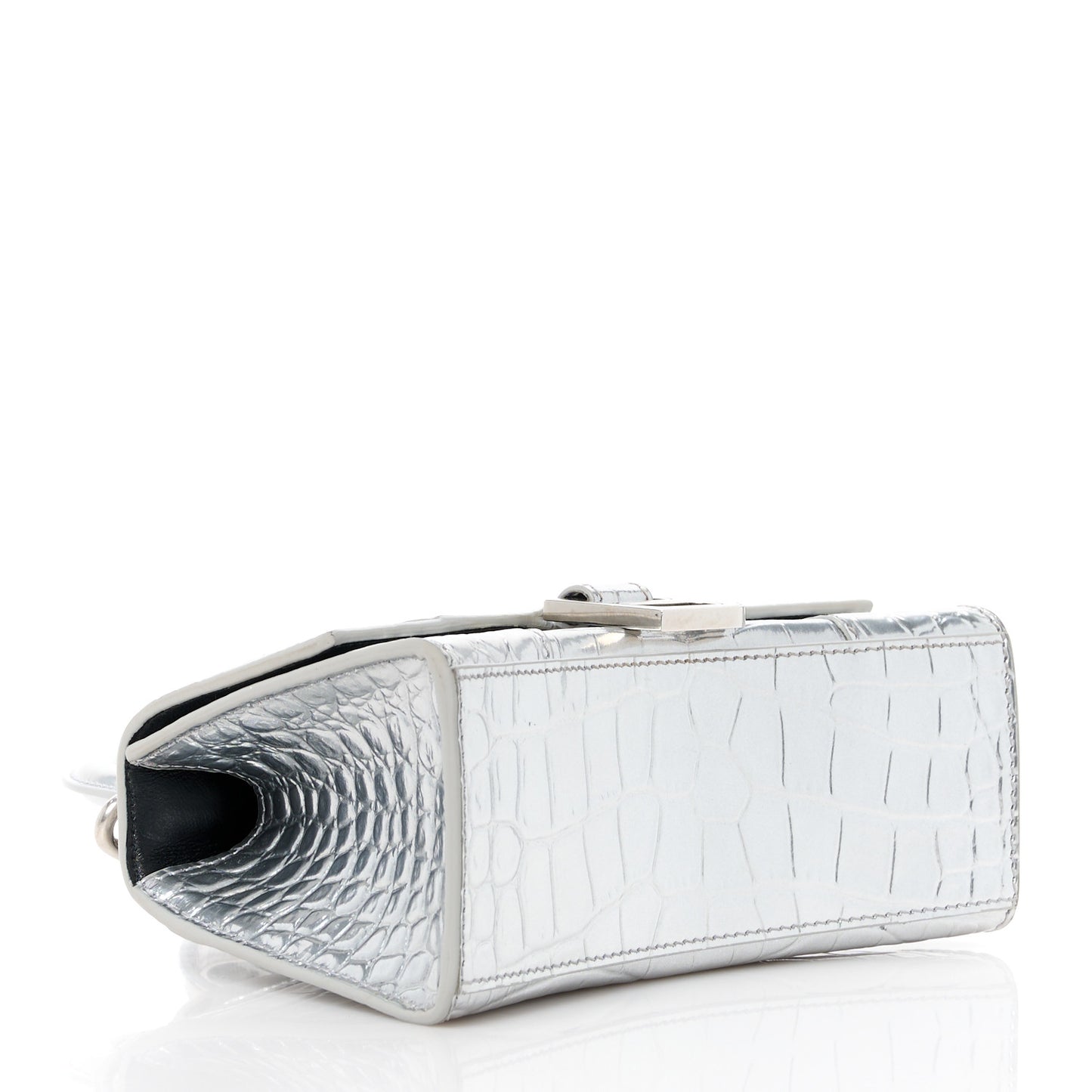 Metallic Calfskin Crocodile Embossed Hourglass Top Handle Bag XS Silver