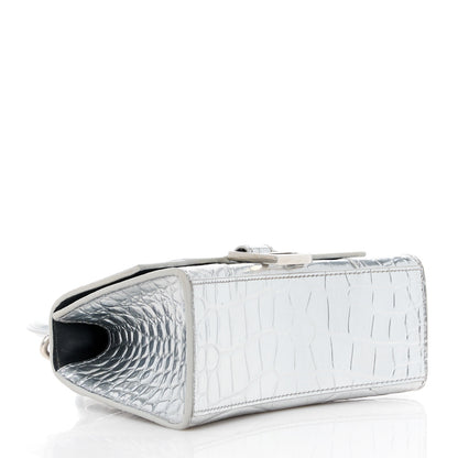 Balenciaga Metallic Calfskin Crocodile Embossed Hourglass Top Handle Bag XS Silver 4 of 10