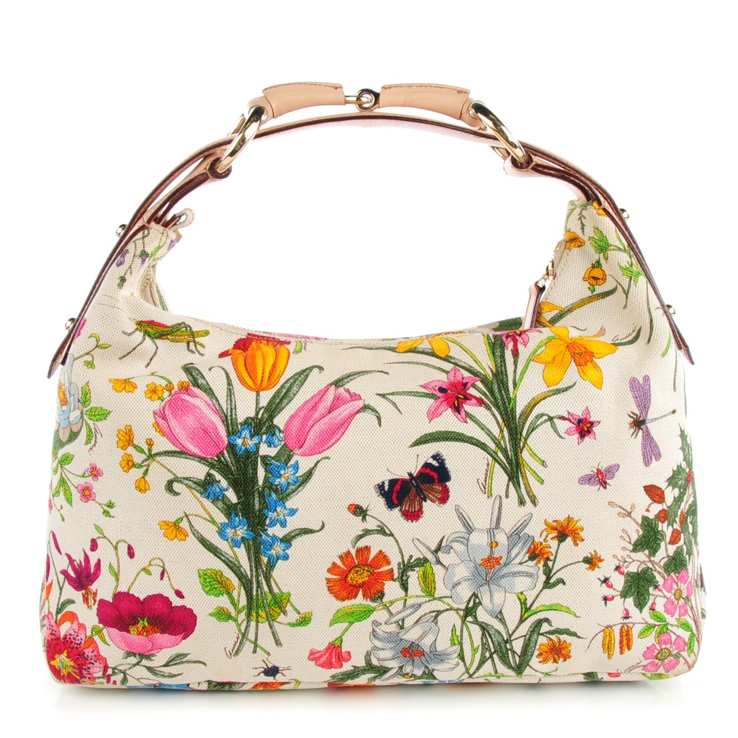 Canvas Medium Flora Floral Horsebit Chain Hobo White