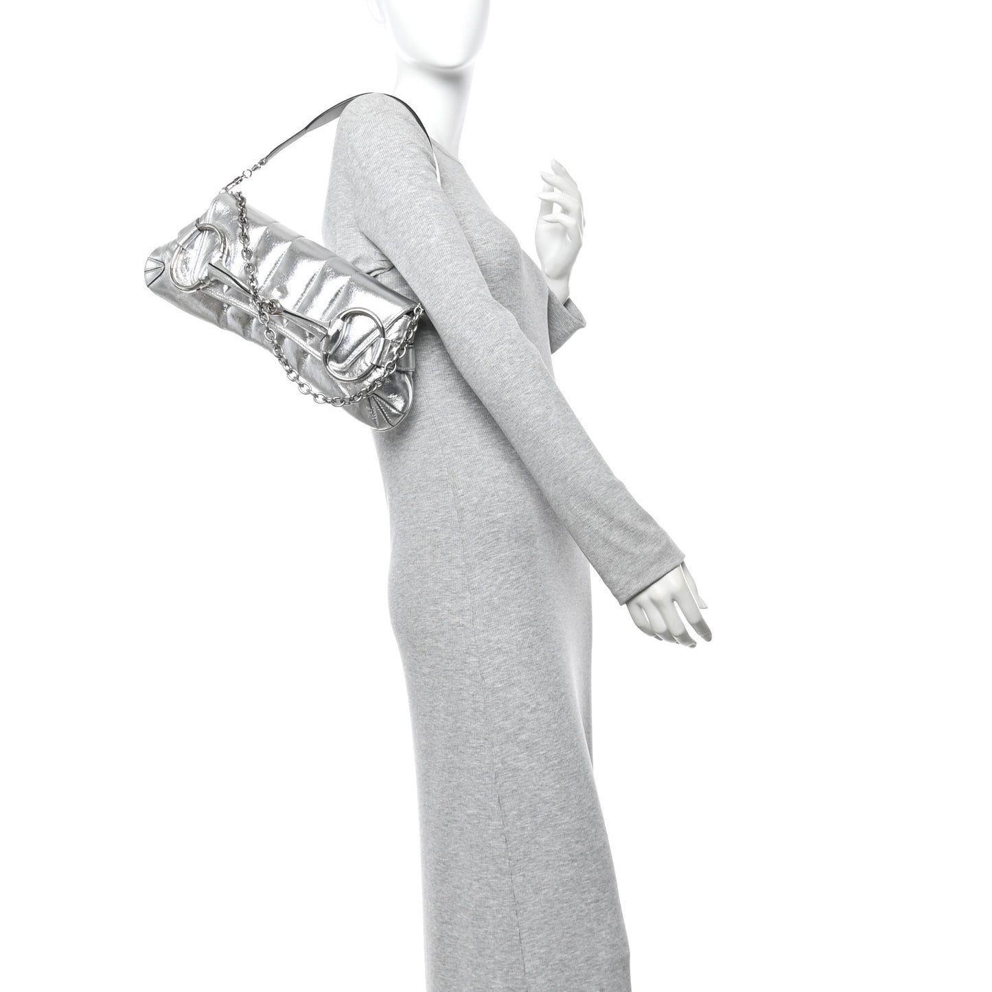 Metallic Nappa Vertical Matelasse Medium Maxi Horsebit Chain Shoulder Bag Silver