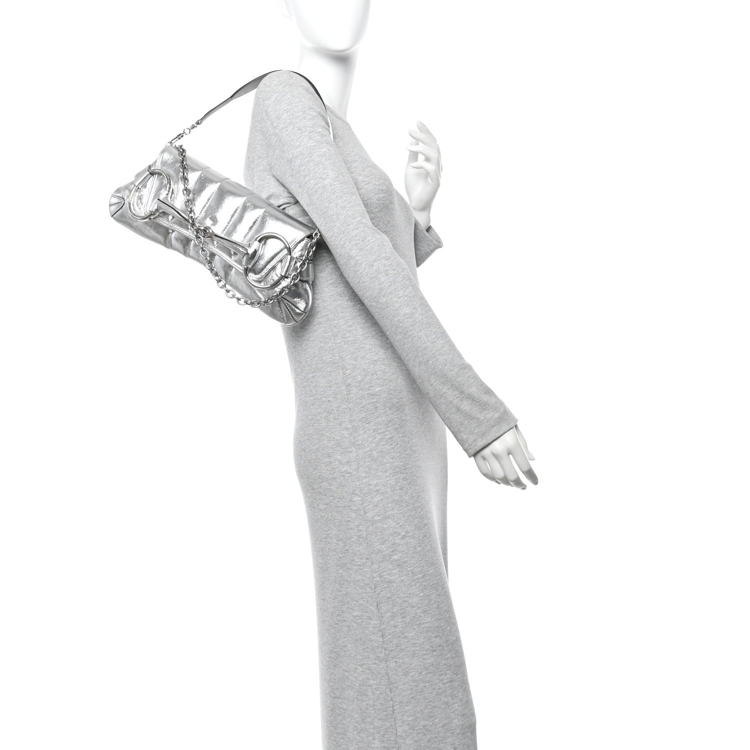 Gucci Metallic Nappa Vertical Matelasse Medium Maxi Horsebit Chain Shoulder Bag Silver 2 of 11