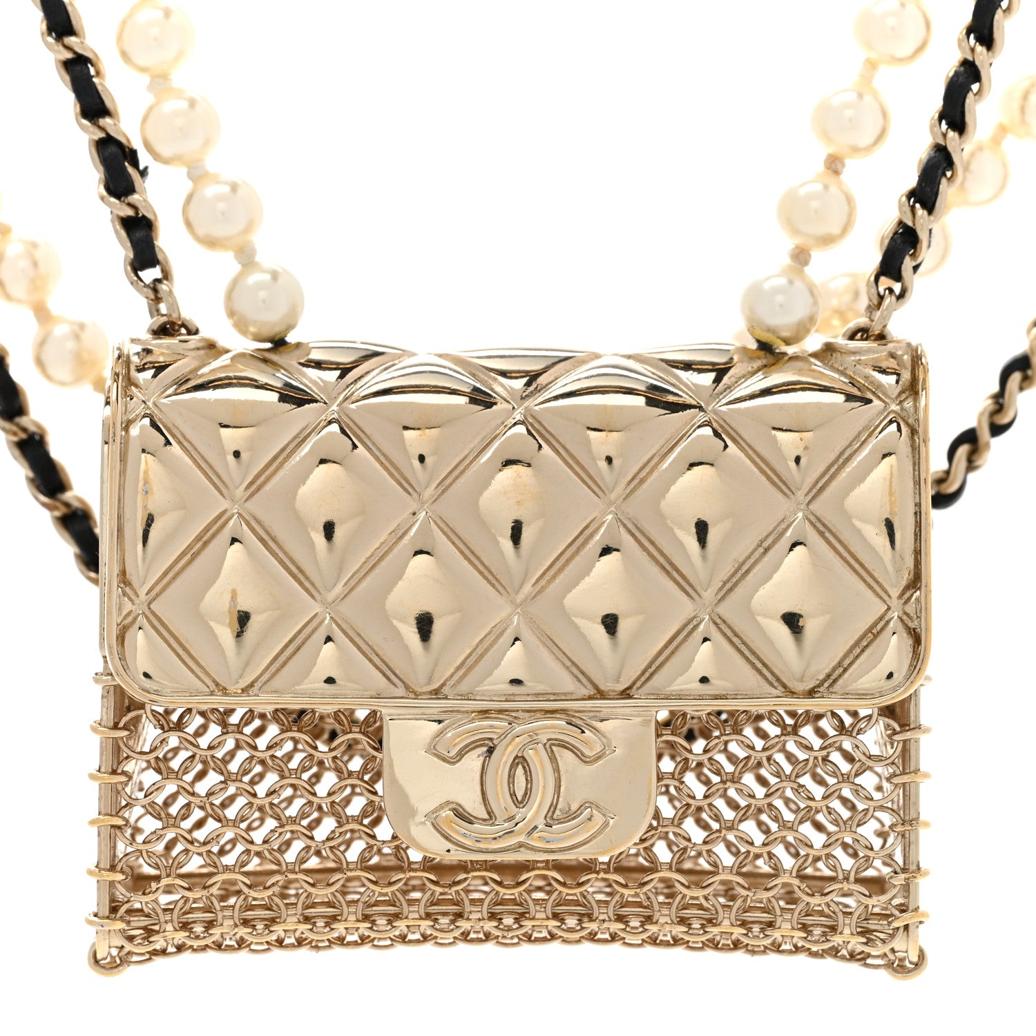 Chanel Metal Lambskin Pearl Chain Flap Bag Multi Strand Long Necklace Gold Black Pearly White 4 of 6