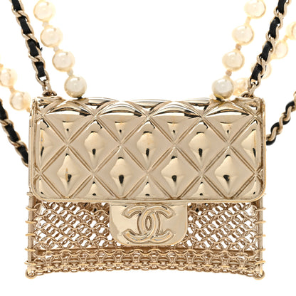 Chanel Metal Lambskin Pearl Chain Flap Bag Multi Strand Long Necklace Gold Black Pearly White 4 of 6