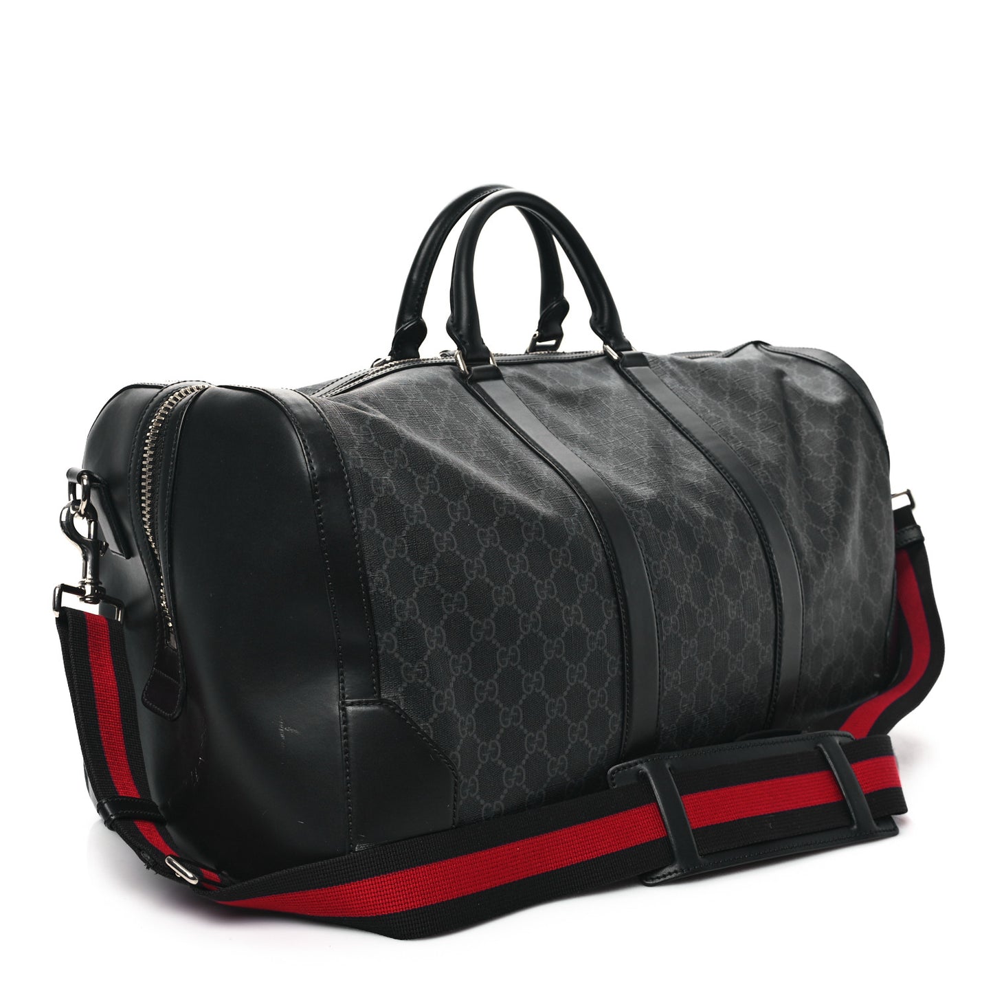 Soft GG Supreme Monogram Appia Calfskin Web Large Carry On Duffle Bag Black Grey