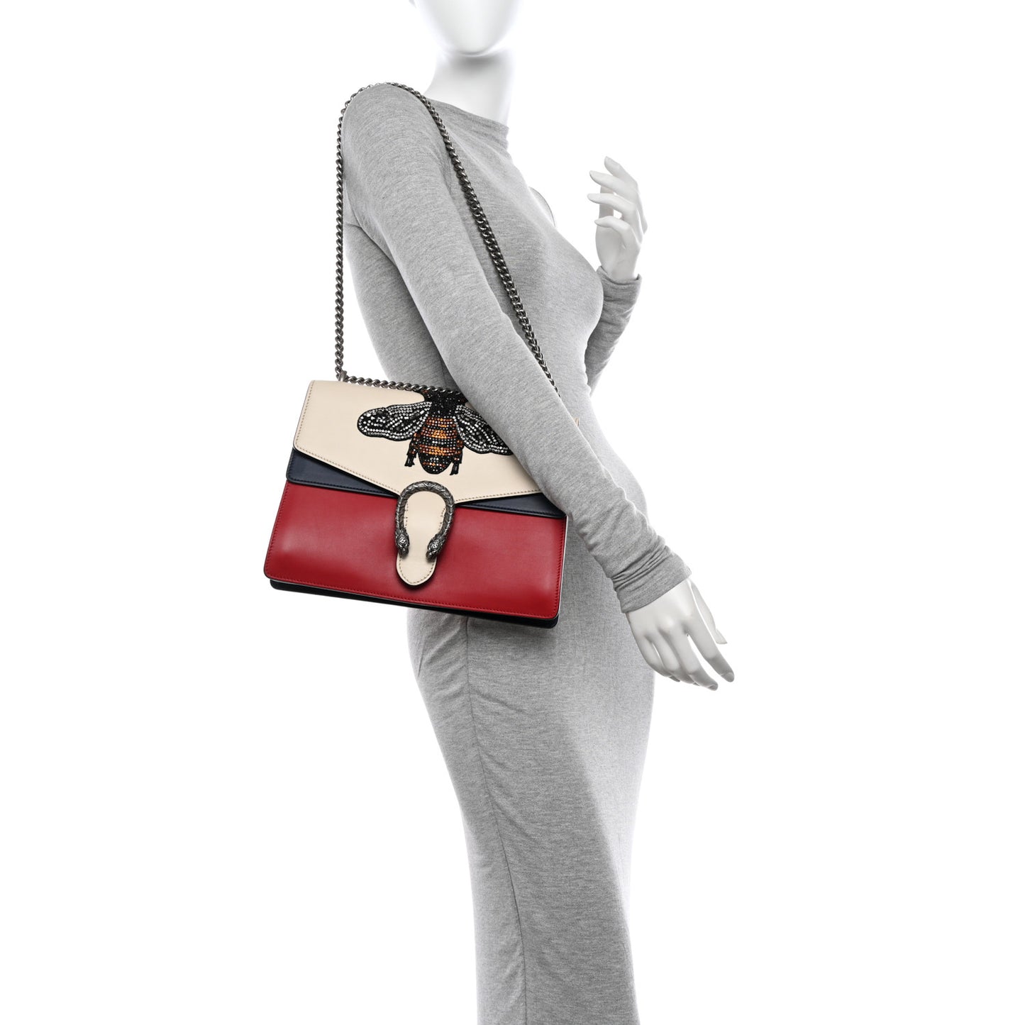 Calfskin Bee Embroidered Medium Dionysus Shoulder Bag White Blue Hibiscus Red