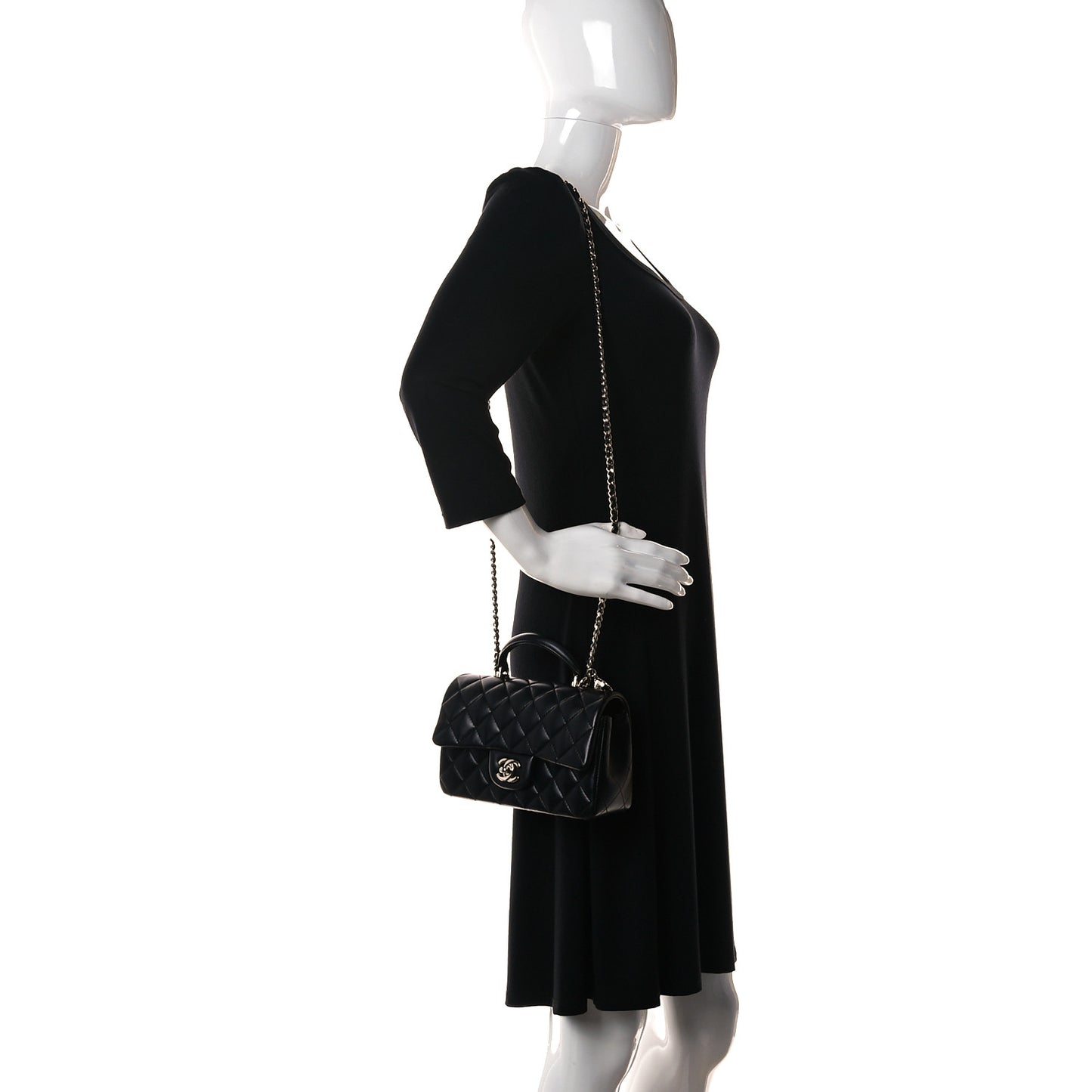 Lambskin Quilted Mini Lion Charm Top Handle Rectangular Flap Black