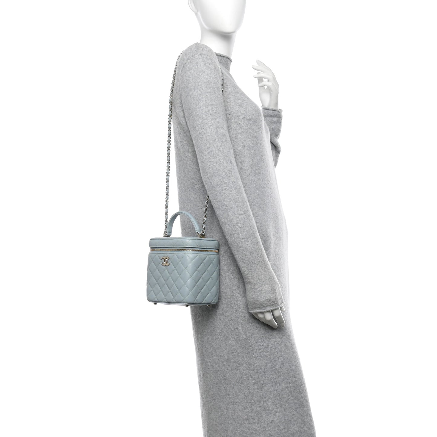 Caviar Quilted Small Top Handle Vanity Case With Chain Light Blue