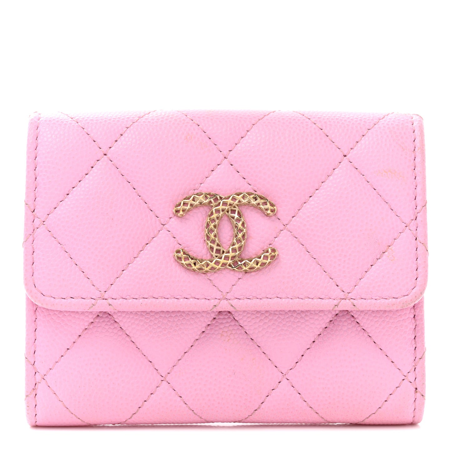 Caviar Metal Perforated Quilted CC Compact Flap Card Holder Pink Green