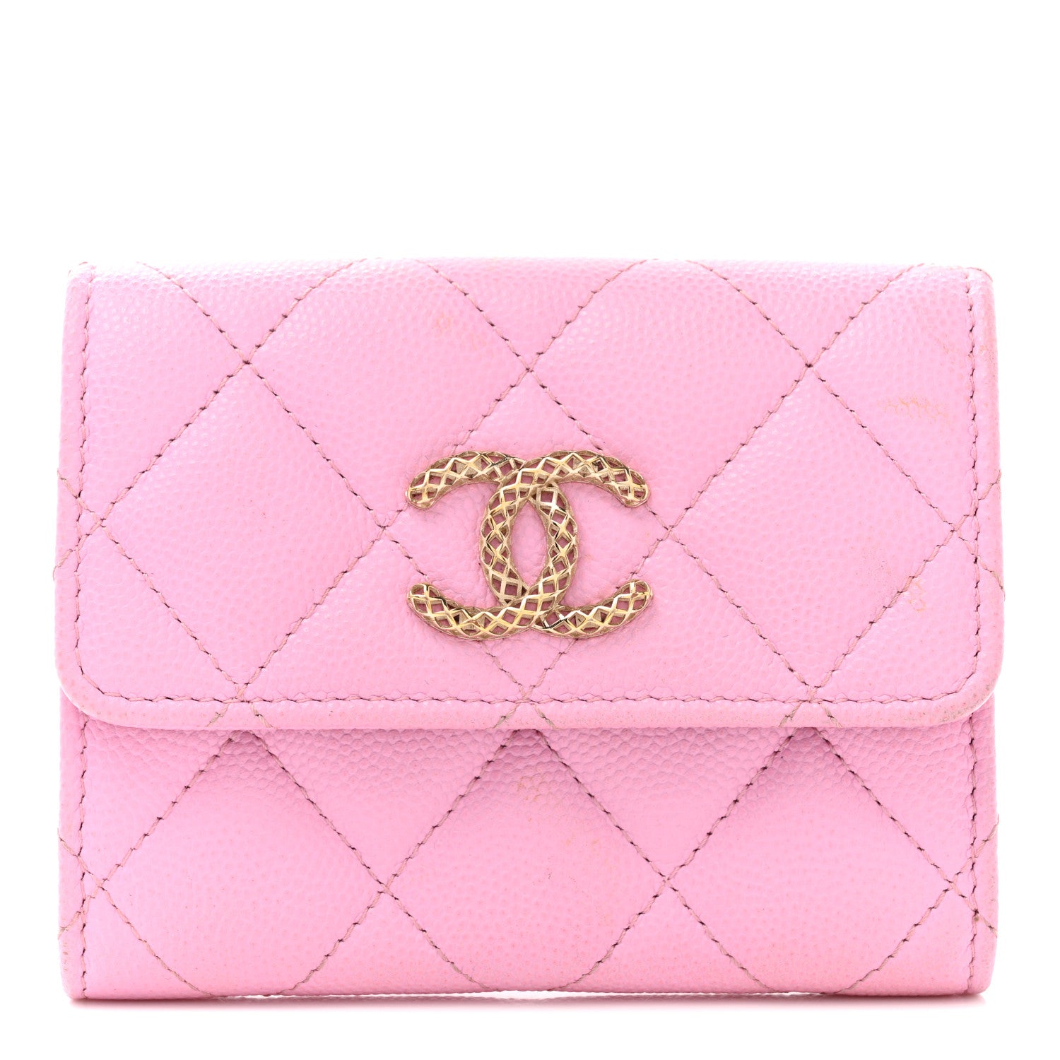 Chanel Caviar Metal Perforated Quilted CC Compact Flap Card Holder Pink Green 1 of 10