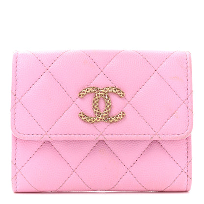 Chanel Caviar Metal Perforated Quilted CC Compact Flap Card Holder Pink Green 1 of 10