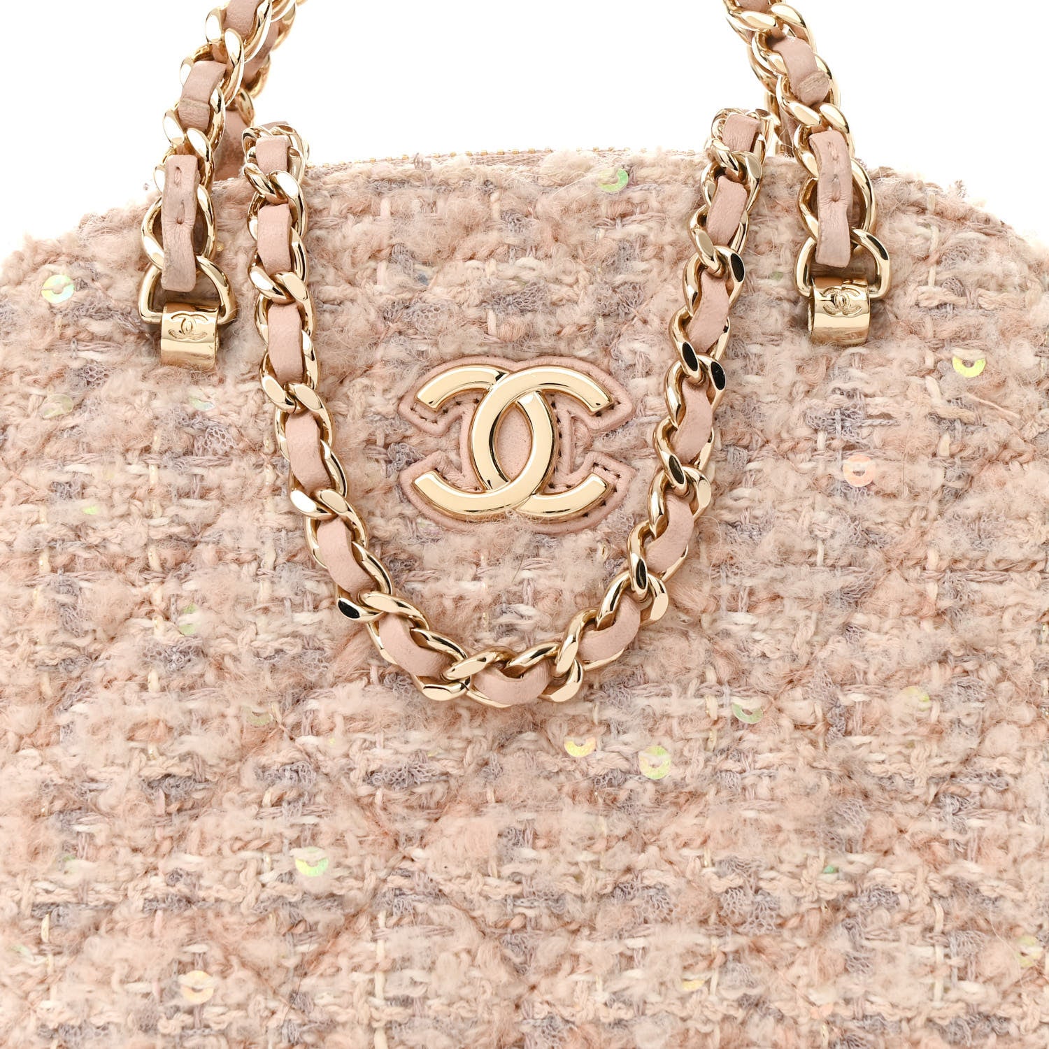 Chanel Cotton Wool Tweed Sequin Quilted Shiny Coco Clutch With Chain Light Pink Beige Ecru 7 of 12