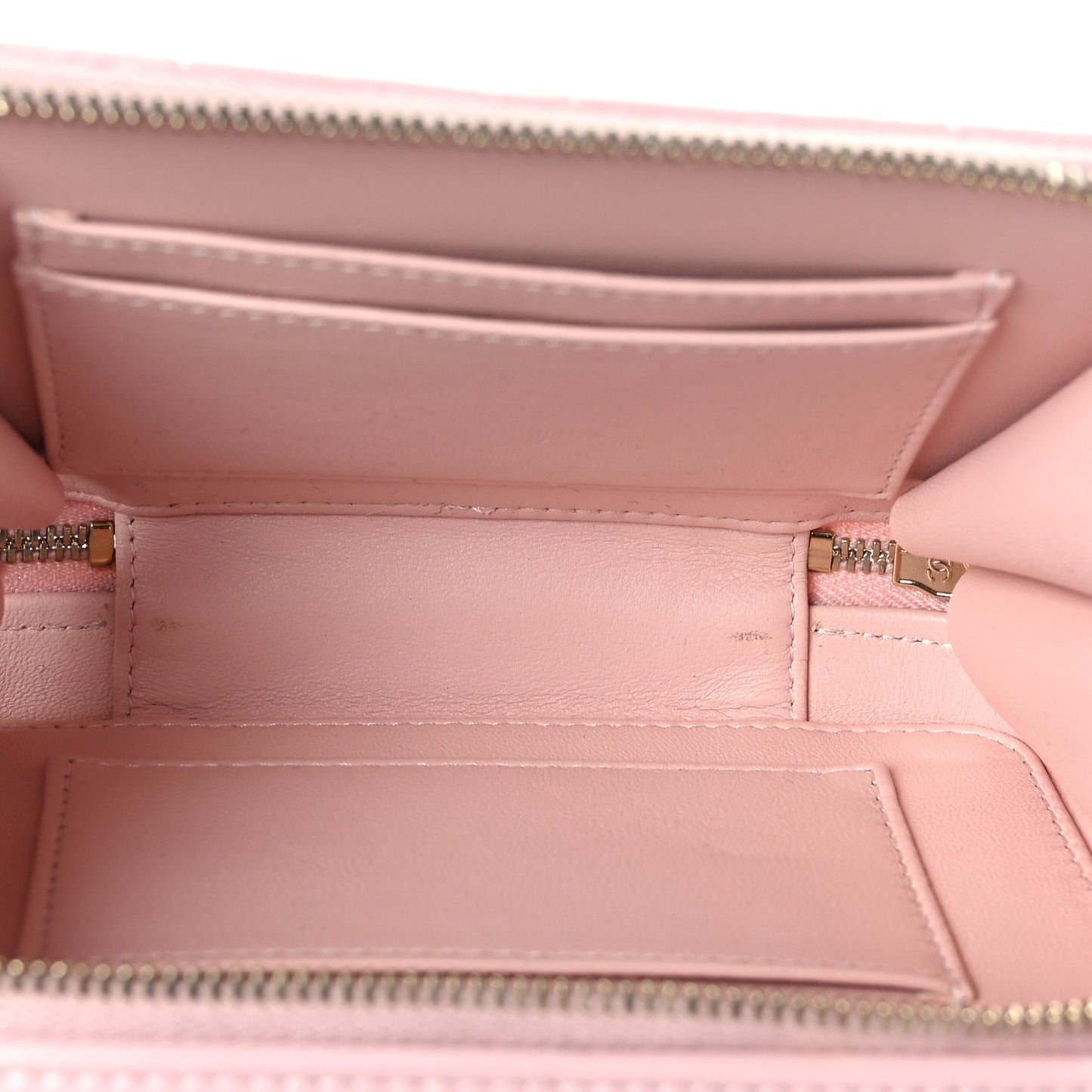 Glazed Calfskin Quilted Small Top Handle Vanity Case Light Pink