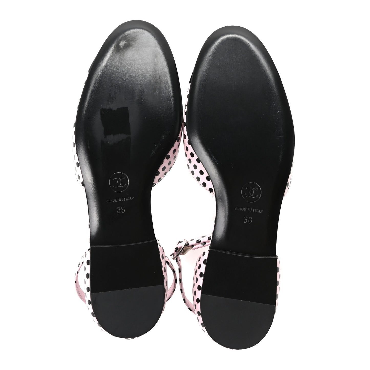 Lambskin Patent Calfskin Cap Toe Polka Dot Camellia Mary Jane Flats 36 Pink Black