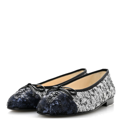 Chanel Tweed Sequin Cap Toe Ballerina Flats 35 Silver Black Blue 4 of 10