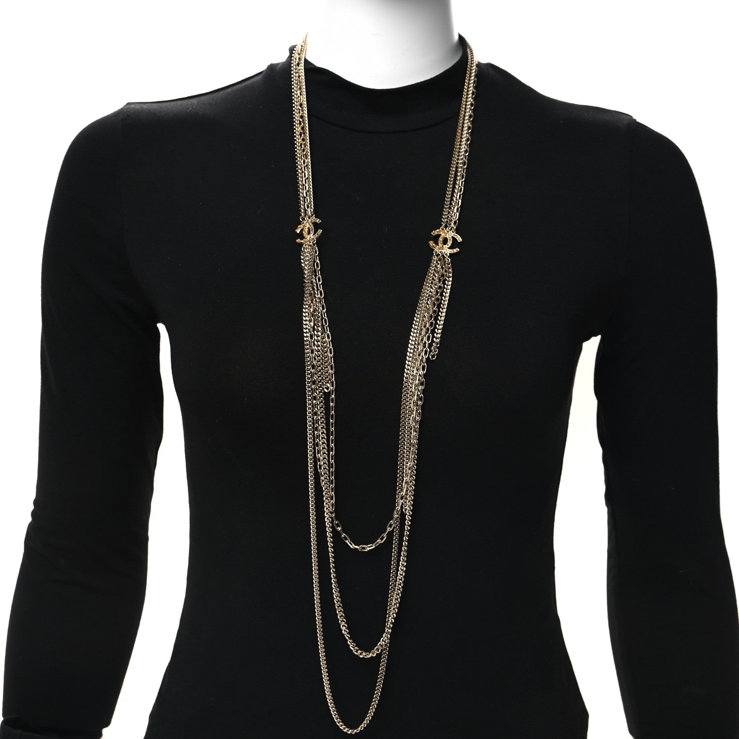 Chanel Baguette Crystal Gripoix Poured Glass CC Multi Strand Chain Necklace Light Gold 2 of 5