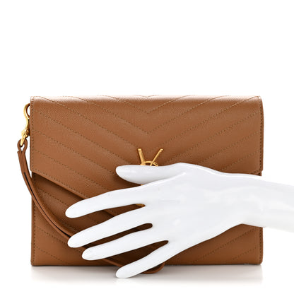 Saint Laurent Grain De Poudre Matelasse Chevron Monogram Envelope Clutch Natural Dark 2 of 12