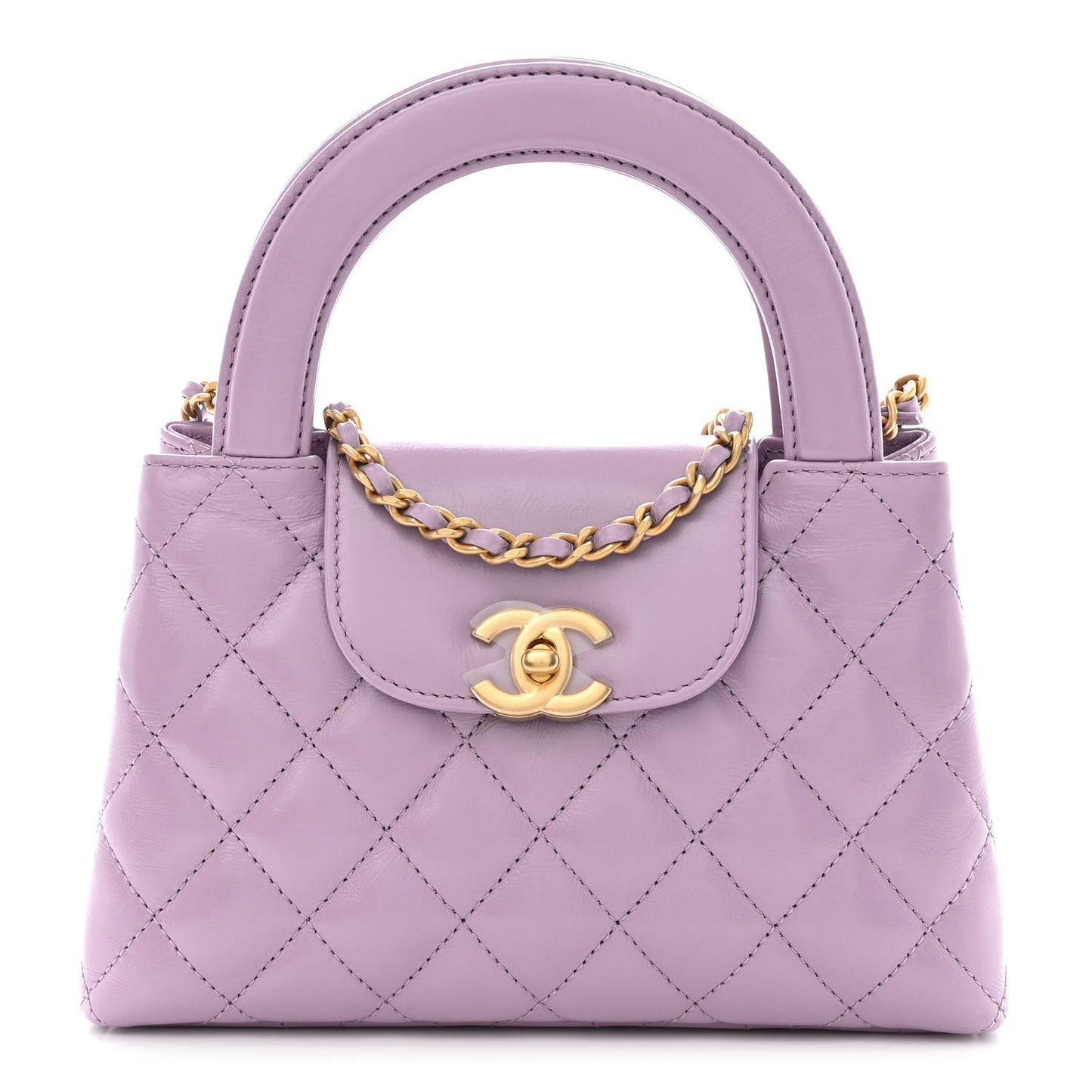Shiny Aged Calfskin Quilted Nano Kelly Shopper Lilac