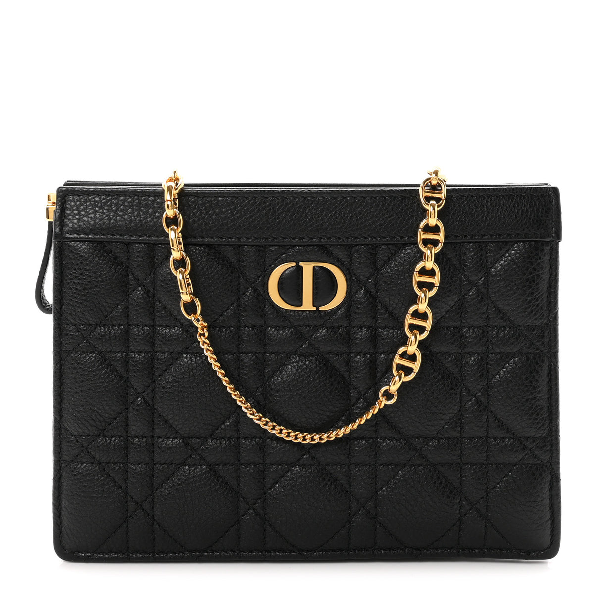 Calfskin Cannage Caro Zipped Pouch With Chain Black