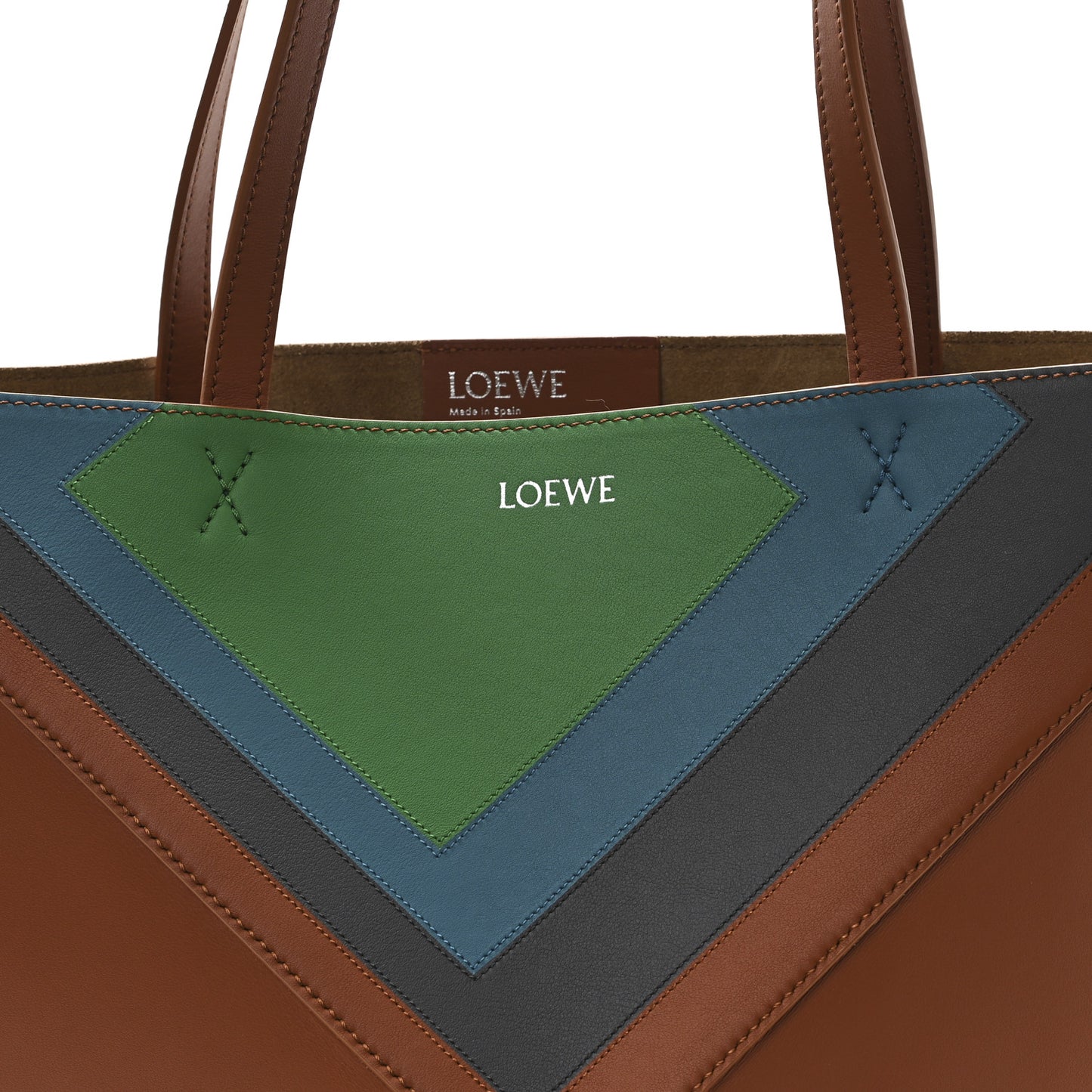 x Albers Calfskin Medium Puzzle Fold Tote Caramel Bright Green