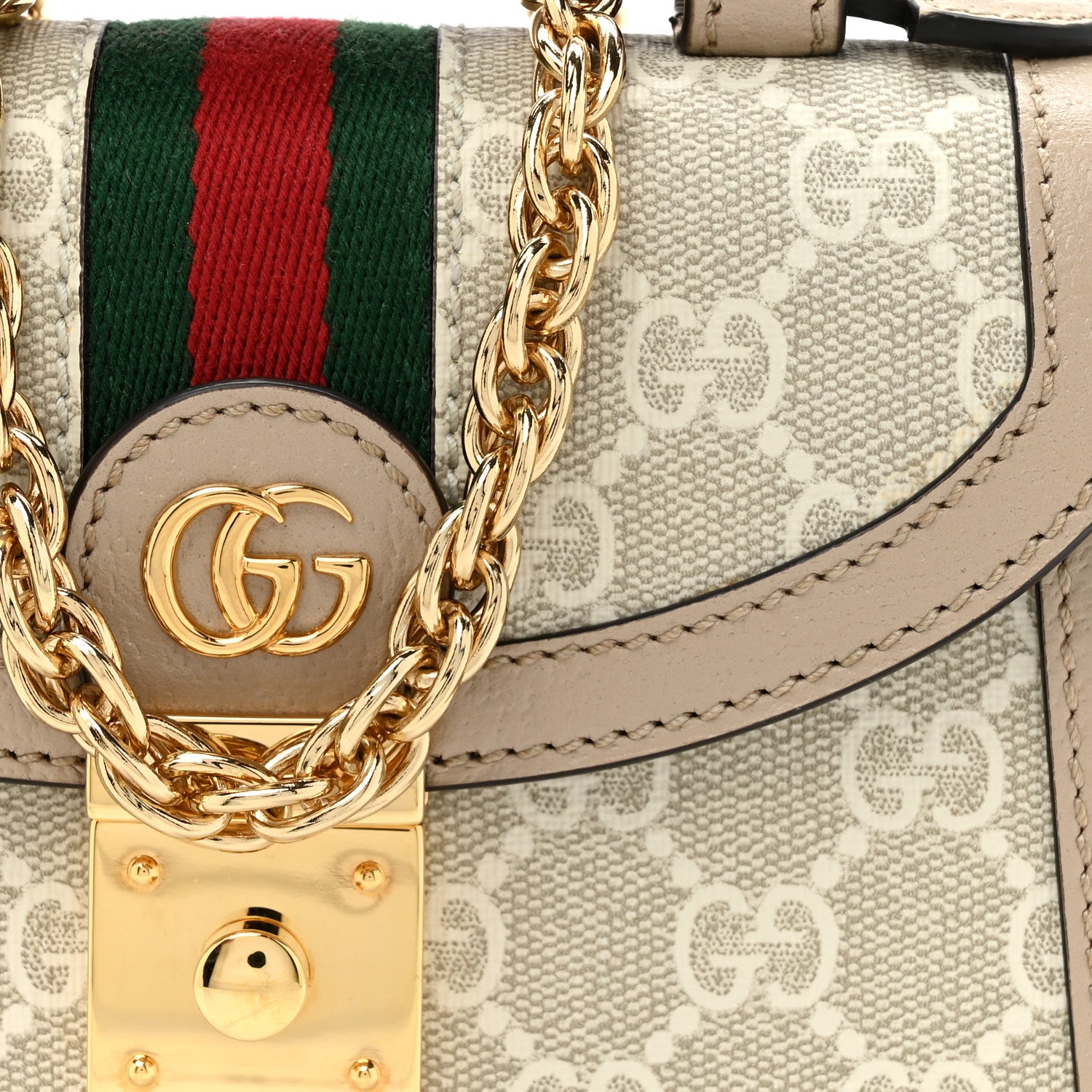 Gucci GG Supreme Monogram Textured Dollar Calfskin Web Mini Ophidia Padlock Top Handle Chain Shoulder Bag Beige Mystic White Oatmeal 8 of 13